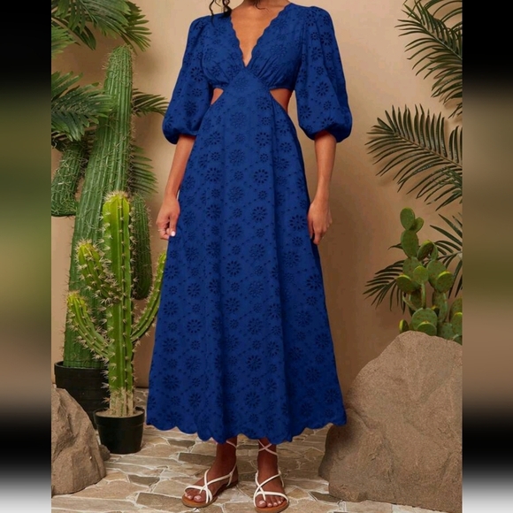 Holiday Woven Embroidered V-Neck Dress,Fall Puff Sleeve Dress,Fall Woman - Picture 1 of 5